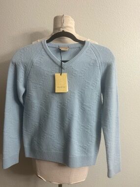 Gucci Kids GG Monogram Knit Sweater Light Blue Size 10 NWT Fits  adults XS